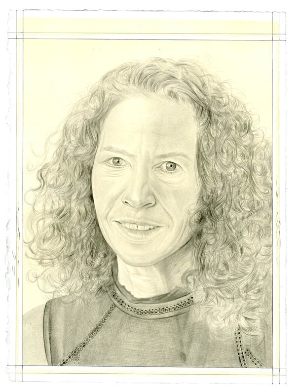 Portrait of Susan Harris. Pencil on paper by Phong Bui. From a photo by Zack Garlitos.