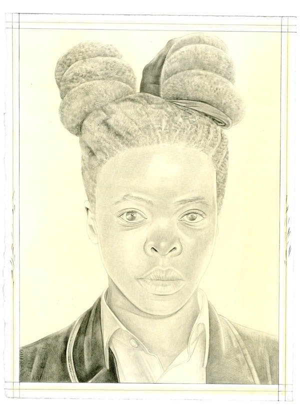 Portrait of Zanele Muholi. Pencil on paper by Phong Bui. From a photo by Zanele Muholi.
