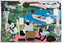 Kerry James Marshall, <em>Past Times</em>, 1997. Acrylic and collage on canvas. 9 feet 6 inches × 13 feet. Metropolitan Pier and Exhibition Authority, McCormick Place Art Collection, Chicago. © Kerry James Marshall. Photo: Nathan Keay, © MCA Chicago.
