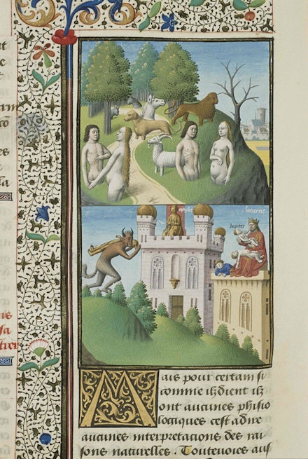 From the medieval illuminated manuscript <em>La Cité de Dieu</em> by Saint Augustine. Illustrations by Maître Francois, ca. 1475 Book 6, Chapter 8. 