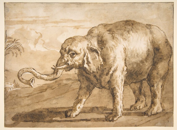 <em>Elephant in a Landscape</em>, Giovanni Domenico Tiepolo, 1727 – 1804. Pen and brown ink, brush and brown wash, over black chalk. 7 1/8 × 9 9/16 inches. Bequest of Eva B. Gebhard Gourgaud, 1959. OASC, Metropolitan Museum of Art, New York.
