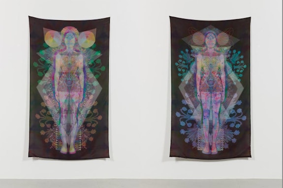 Saya Woolfalk, <em>Cloudskin I, II</em>, 2016, Inkjet prints on silk, 70 x 40 inches each. Courtesy the artist and Leslie Tonkonow Artworks + Projects.
