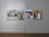 Agnès Varda, <em>La terrasse du Corbusier, Marseille</em>, 1956. Black and white digital c-print, video projection with English subtitles (color, sound). 2 min., 33 sec., looped. 30 x 52 inches (open). Photo: Genevieve Hanson. Courtesy the artist and Blum & Poe, Los Angeles/New York/Tokyo. 