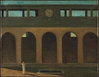 Giorgio de Chirico, <em>L’énigme de l’heure </em>[The Enigma of the Hour], 1910/11. Oil on canvas. 21.7 × 28 inches. Private Collection. © 2016 Artists Rights Society (ARS), New York / SIAE, Rome.