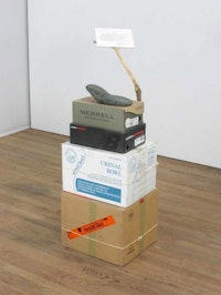 Jimmie Durham, <em>Anti-Brancusi</em>, 2005. Cardboard, wood, serpentine stone, rope, ink on paper. 48 × 17 × 31 ⅛ inches. Collection of Michel Rein, Paris.