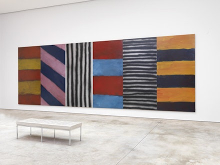 Sean Scully, <em>BLUE NOTE,</em> 2016. Oil and acrylic spray on aluminum. 110 x 320 inches. © Sean Scully. Courtesy Cheim and Read.