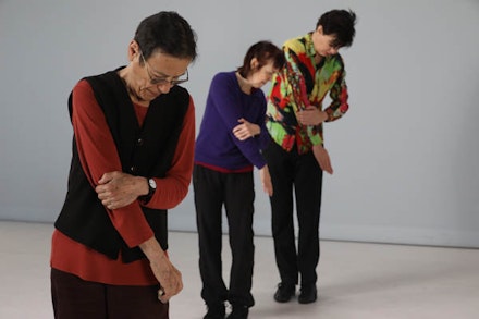 Yvonne Rainer, Pat Catterson, and Richard Move in production image for <em>SlowDancing/TrioA</em> by David Michalek in collaboration with Yvonne Rainer. Courtesy Danspace Project.