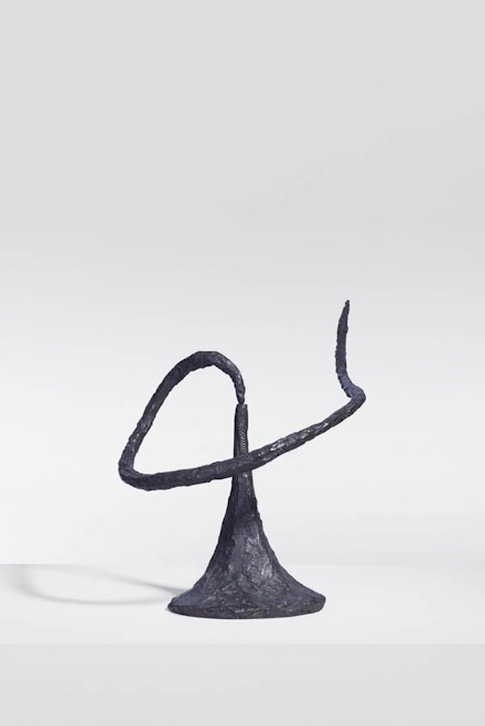 From <em>Alexander Calder: Hypermobility</em>
   Alexander Calder, <em>Whip Snake (Snake on the Post)</em>, 1944. Bronze, 24