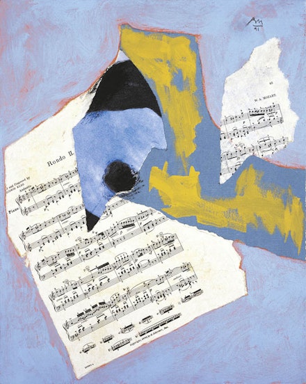 Final State: Robert Motherwell, Mozart Rondo, 1990-1991, Acrylic and pasted papers on canvas mounted to panel, 19 1/4 x 15 1/4 in. Dedalus Foundation Archives.