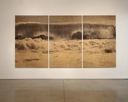 Clifford Ross, <em>Wood Wave LXXXI</em>, 2015. Cured inkjet on wood, 74 x 144 in. © Clifford Ross; Courtesy of the artist and RYAN LEE, New York.