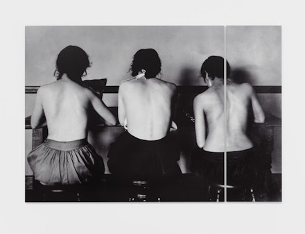 Lisa Oppenheim, <em>Incorrect sitting position for postural deformity and dorsal curvature cases. Scoliosis. Work in this position is harmful.</em>2017. dye-sublimation print mounted to aluminum.39 x 56 3/8 inches; 99.1 x 143.2 cm (overall) 39 x 44 inches; 99.1 x 111.8 cm (left panel) 39 x 12 3/8 inches; 99.1 x 31.4 cm (right panel) Courtesy the artist and Tanya Bonakdar Gallery, New York