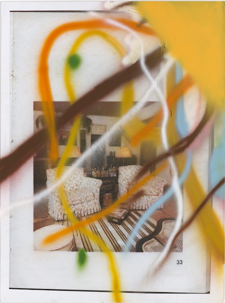 Julian Schnabel, <em>Untitled</em>, 2017, spray paint on plexiglass
over printed image 59 x 44 in. Photo: Tom Powel Imaging, Courtesy Almine Rech Gallery.