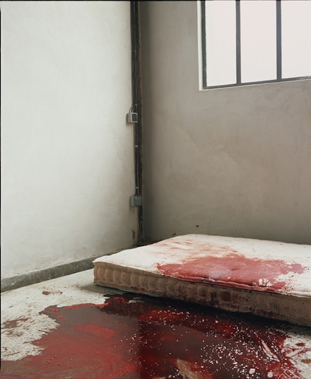 Andres Serrano, <em>Room with Blood (Torture)</em>, 2015. Pigment print, back-mounted on dibond, wooden frame, 60 x 50 inches. Courtesy of the artist.