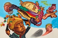 Peter Saul, <i>Quack-Quack, Trump</i>, 2017. Acrylic on canvas, 78 x 120 in. © Peter Saul. Courtesy Mary Boone Gallery, New York.