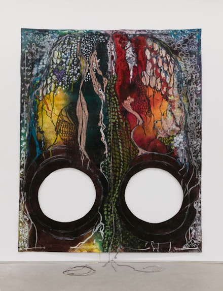Naotaka Hiro, <em>Untitled (Grotto)</em>, 2017 Canvas, fabric dye, oil pastel, rope and grommets 108 x 84 inches.
Courtesy of Brennan & Griffin, New York.