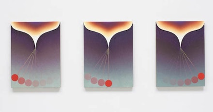 <p> Loie Hollowell. <em>Red Pendulum</em>, 2017. Oil paint, acrylic medium, sawdust, and high-density foam on linen mounted on panel 28