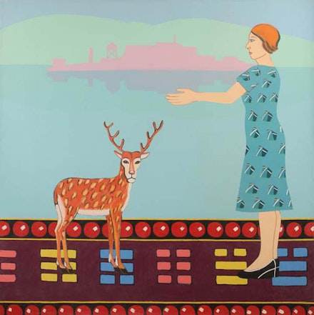 Joan Brown, <em> Adventures of a Woman #2,</em> 1975. Oil and enamel on canvas. Courtesy Estate of Joan Brown and Anglim Gilbert Gallery.