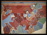 Émile Gilliéron, <em>Blue Monkey in a Rocky Landscape</em>, After a fresco from the House of the Frescoes, Knossos. Watercolor on paper, 60 x 83 cm. The Ashmolean Museum, University of Oxford. Bequeathed by Sir Arthur Evans. Image © Ashmolean Museum, University of Oxford.