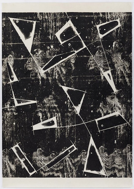 <p>Mel Kendrick, <em>Blades</em>, 1993. Woodblock on Kozo paper, mounted on canvas, 67 x 47 inches.</p>