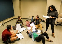 <p>The cast of Peter Gil-Sheridan's <em>The Rafa Play</em> (circular, from left): Juan Arturo, Tommy Heleringer, Tommy Russell, Olli Haaskivi, Annie Henk, and Megan Hill. Photo: Katy Pariante. </p>
