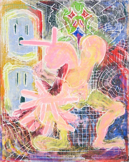 Andy Cahill, <em>Good Bad Bad Good Idea</em>, 2016. Acrylic and crayon on bleached linen, 30