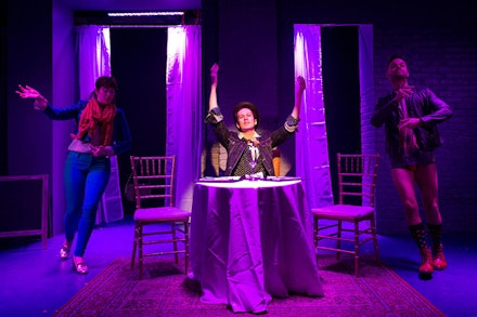 (Left to right): Megan Hill, Olli Haaskivi, and Tommy Russell in <em>The Rafa Play</em>. Photo: Daniel Rader. 
