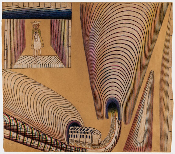 Martín Ramírez. Untitled (Train and Tunnels), 1954. Pencil, colored pencil, crayon, and watercolor on paper. 36 in x 41.25 inches. Courtesy Ricco/Maresca Gallery.

