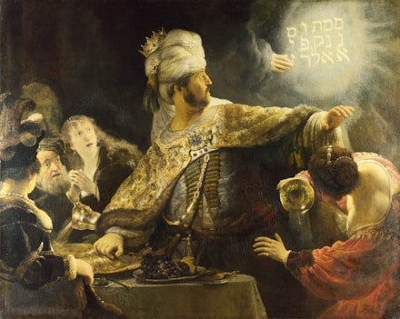 Rembrandt, <em>Belshazzar's Feast</em>, 1635. Oil on canvas, 66 x 82.4 inches. National Gallery, London.