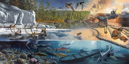 Alexis Rockman, <em>Cascade,</em> 2015. Oil and alkyd on wood panel, 72 x 144 inches. Commissioned by Grand Rapids Art Museum with funds provided by Peter Wege, Jim and Mary Nelson, John and Muriel Halick, Mary B. Loupee, and Karl and Patricia Betz. Grand Rapids Art Museum, 2015.19