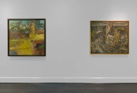 London Painters installation view, including, left to right, Frank Auerbach, <em>The Pillar Box III</em>, 2010-2011 and 
Leon Kossoff, <em>Stormy Summer Day, Dalston Lane</em>, 1975. Photo: Maris Hutchinson
