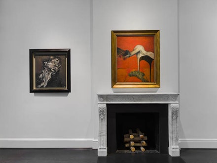 <em>London Painters</em> installation view, including, left to right, Frank Auerbach, <em>Head of J.Y.M. II</em>, 1984-85 and Francis Bacon,  <em>Fury</em>, circa 1944. Photo: Maris Hutchinson