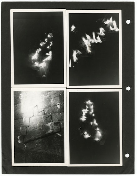 General Idea (a project of Ron Gabe, aka Felix Partz), <em>Burning Ziggurats</em>, 1968, Set of 4, gelatin silver print, 9 x 12.5 cm each, Courtesy Mitchell-Innes and Nash  © General Idea.
