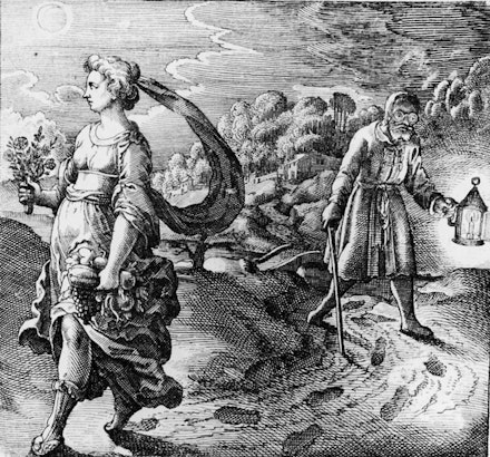 Michael Maier, <em>Emblema XLII. In Chymis versanti Natura, Ratio, Experentia lectio, sin Dux, scipio, perspocoloa lampas</em>, c. 1620.