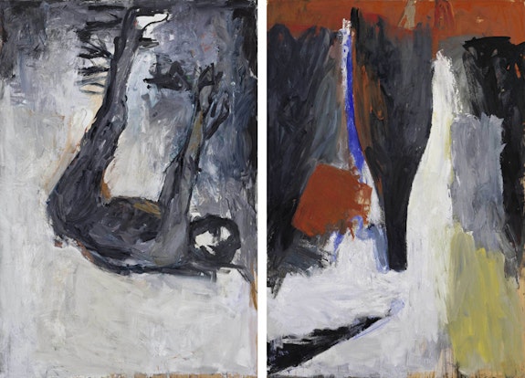 Georg Baselitz, <em>Akt und Flasche (Nude and Bottle)</em>, 1977, Oil, tempera on wood Two parts; each: 98 1/2 x 67 inches, 250 x 170 cm. Courtesy Michael Werner Gallery, New York and London.
