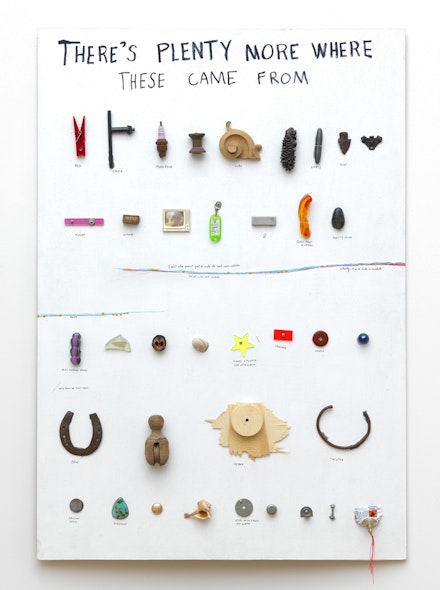 Jimmie Durham, <em>THERE'S PLENTY MORE WHERE THESE CAME FROM</em>, 2008. Objects from the artist's studio, acrylic paint, and ink on panel 40 x 27 1/2 in. (101.5 x 70 cm.) Collection of the artist; courtesy Paul van Esch & Partners, Amsterdam