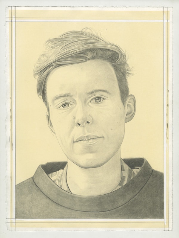 Portrait of Caroline Woolard, pencil on paper by Phong Bui. Based on a photo by Zack Garlitos.