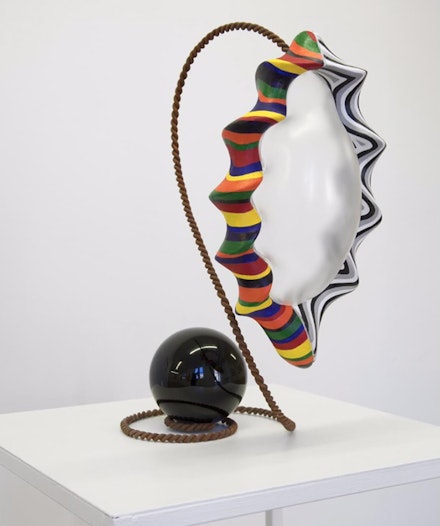 John Newman, <em>The foggy lens needs adjustment</em>, 2017. 24 x 16 x 12 inches. Blown acrylic, obsidian sphere, rusted forged steel, wood, foam, papier mache, acqua resin with acrylic paint. Courtesy Safe Gallery.