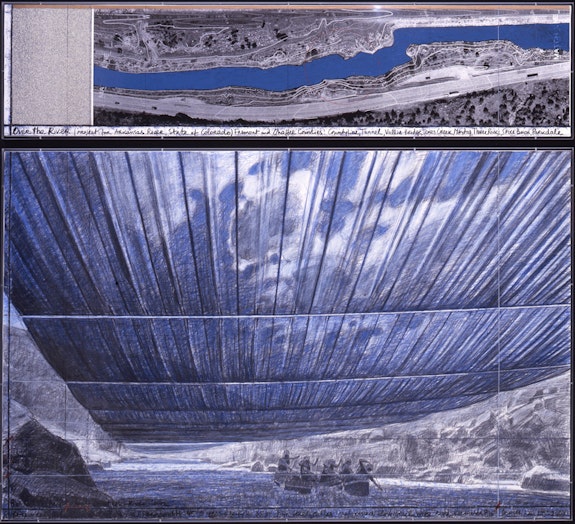 Christo, <em>Over The River (Project For Arkansas River, State Of Colorado)</em>, 2006, drawing in two parts: 15 x 65 and 42 x 65 inches, pencil, charcoal, pastel, wax crayon, enamel paint, aerial photograph with topographic elevation and fabric sample, Reference 26, Private Collection Sweden, Photo: André Grossmann, © Christo.