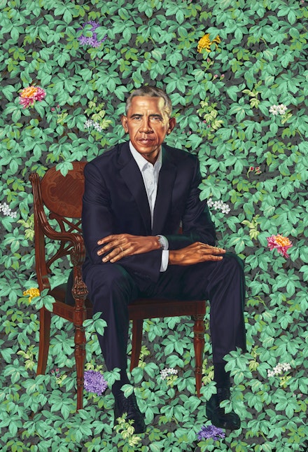 Kehinde Wiley, <em>Barack Obama</em>, 2018. Oil on canvas, 84 1/8 x 57 7/8 inches. National Portrait Gallery, Smithsonian Institution. © 2018 Kehinde Wiley.