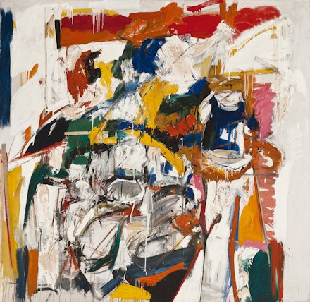 Michael Goldberg, <em>Still Life with Onion Rolls</em>, 1956. Oil and tape on canvas, 74 x 76 inches. © Michael Goldberg Estate; Courtesy of Michael Rosenfeld Gallery LLC, New York, NY.
