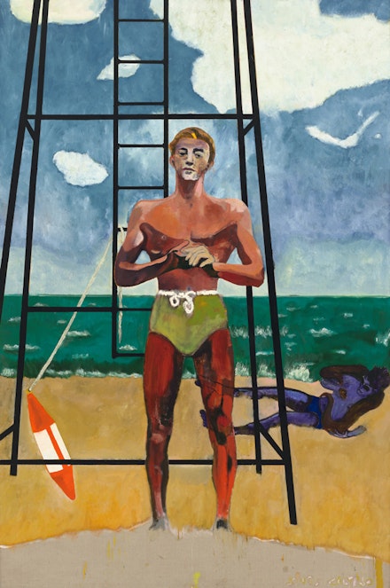 Peter Doig, <em>Red Man (Sings Calypso)</em>, 2017. Oil on linen, 116 1/4 x 76 3/4 inches. Courtesy Michael Werner Gallery, New York and London.
