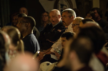 Audience from Electchester at reading of <em>Alternating Currents</em> at Local Union 3 IBEW in Queens. Photo: Tuda Sarian