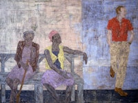 Leon Golub, <em>Two Black Women and a White Man</em>, 1986. Acrylic on linen, 120 x 163 inches. Courtesy Ronald Feldman Gallery, New York. © The Nancy Spero and Leon Golub Foundation for the Arts/Licensed by VAGA, New York, NY