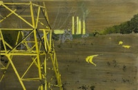 Greg Lindquist,<em> Belews Creak Steam Station, Stokes County, North Carolina (Transmission Towers)</em>, 2018. Oil, acrylic, and ash on linen, 30 x 46 inches. Courtesy the artist and Lennon, Weinberg, Inc., New York.