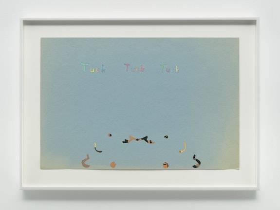 Richard Aldrich, <em>“Tuck Tuck Tuck” with Cut Out Shapes from Time Life Book Series on Blue Construction Paper</em>, 2002. Acrylic and collage on paper, 18 x 12 inches. Courtesy the artist and Bortolami, New York. Photo: Ron Amstutz.