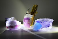 Bradley Eros, <em>waterworks: ice (3.16.18 A, B, C)</em>, 2018. Water, plastic, celluloid, metal, dimensions variable. Courtesy the artist and Microscope Gallery.
