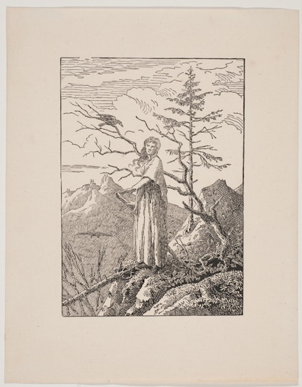 Caspar David Friedrich, <em>Woman with Raven at the Edge of the Abyss</em>, c. 1803, woodblock print on paper, Carnegie Museum of Art, Gift of Mary Louise and Henry J. Gailliot in honor of Louise Lippincott and Linda Batis.
