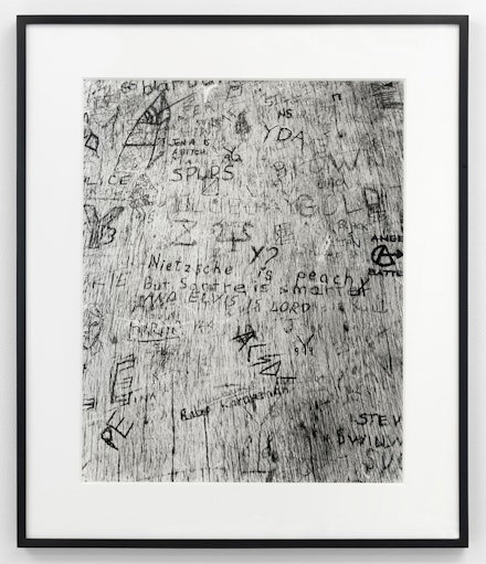 <p>Erica Baum, Untitled (Nietzche is Peachy), 1994. Gelatin silver print, 21 1/8 × 16 3/4 inches. Courtesy Bureau, New York. Photo: Dario Lasagni.</p>