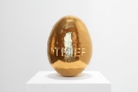Sean Shim-Boyle, <em>Golden Egg</em>, 2018. Gold-plated resin 3D print, 12 x 9 x 9 inches, handmade edition of 5 + 1 AP. Courtesy Jane Lombard Gallery.