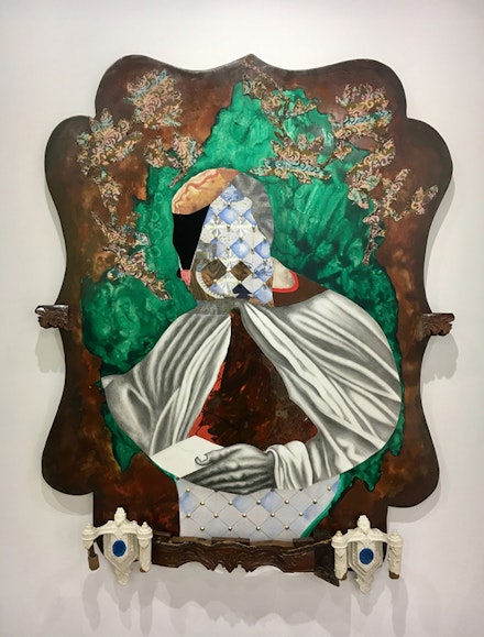 David Shrobe, <em>Anointed</em>, 2018. Oil, Graphite, Wood, Metal, Fabric, Paper and Mixed Media, 60 x 47.5 x 4 inches. Courtesy Faction Projects